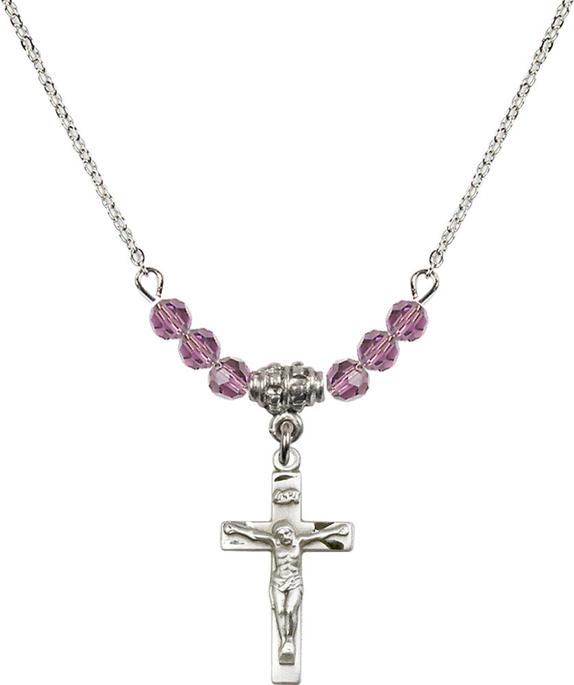 Sterling Silver Crucifix Birthstone Necklace with Light Amethyst Beads - 0001