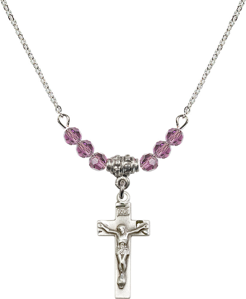 Sterling Silver Crucifix Birthstone Necklace with Light Amethyst Beads - 0006