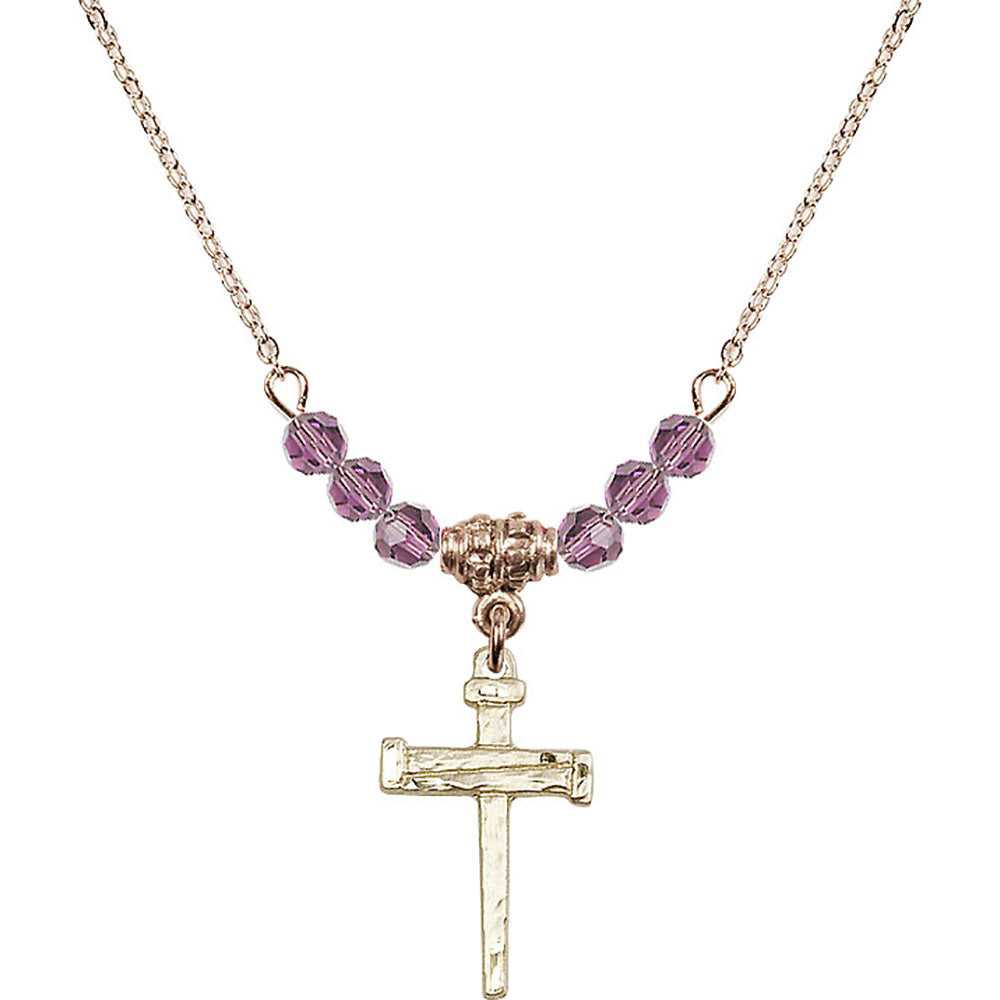 14kt Gold Filled Nail Cross Birthstone Necklace with Light Amethyst Beads - 0012