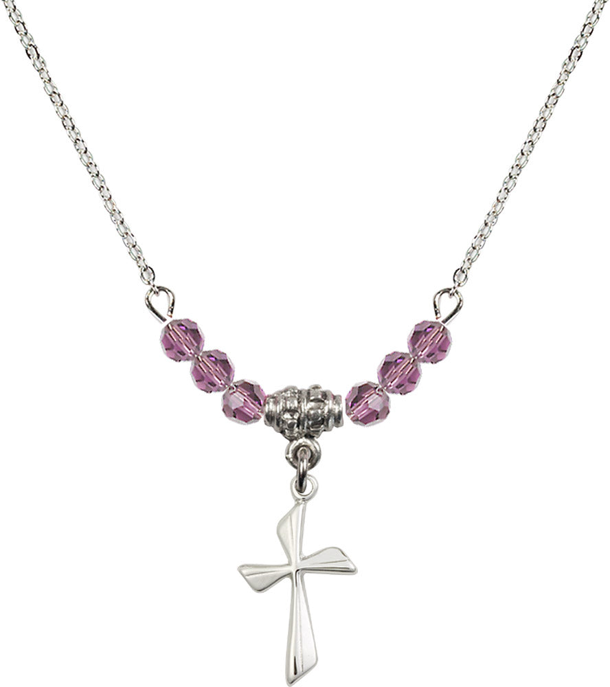 Sterling Silver Cross Birthstone Necklace with Light Amethyst Beads - 0016