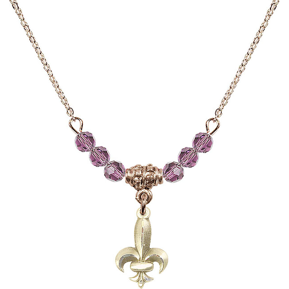 14kt Gold Filled Fleur de Lis Birthstone Necklace with Light Amethyst Beads - 0293