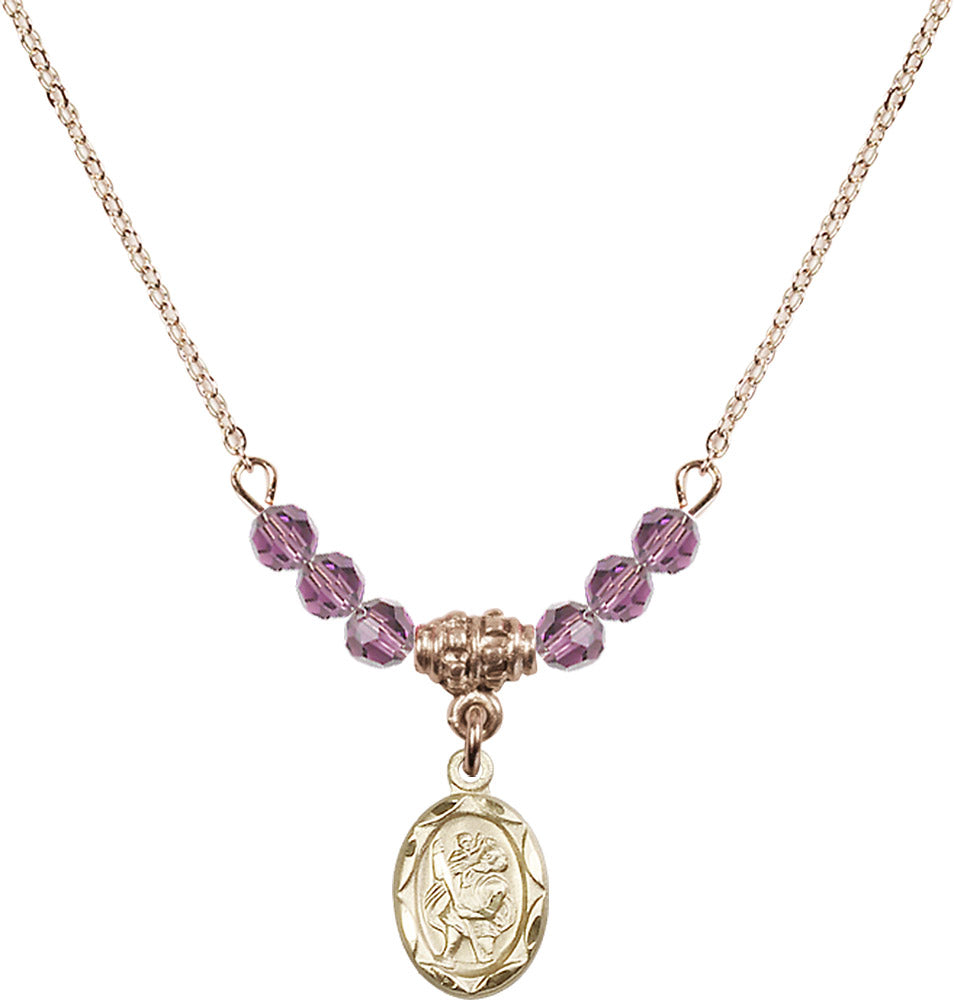 14kt Gold Filled Saint Christopher Birthstone Necklace with Light Amethyst Beads - 0301