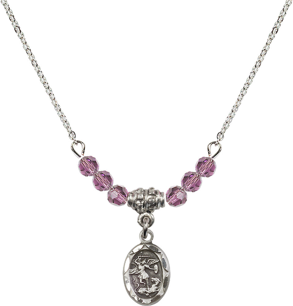 Sterling Silver Saint Michael the Archangel Birthstone Necklace with Light Amethyst Beads - 0301