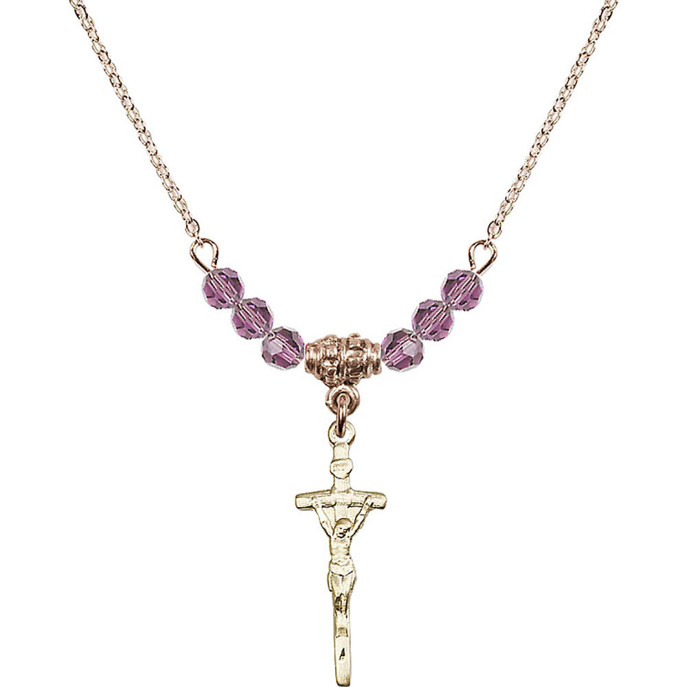 14kt Gold Filled Papal Crucifix Birthstone Necklace with Light Amethyst Beads - 0563