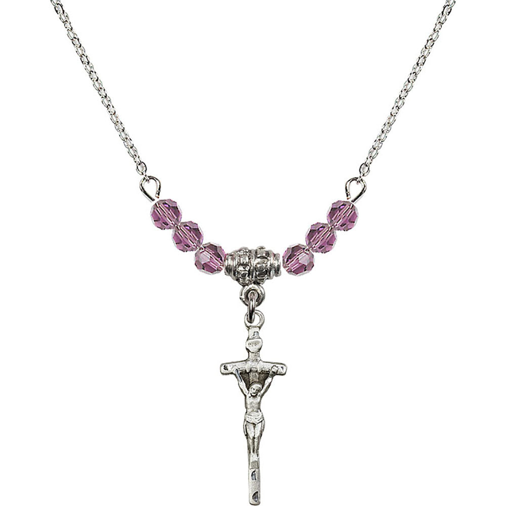 Sterling Silver Papal Crucifix Birthstone Necklace with Light Amethyst Beads - 0563
