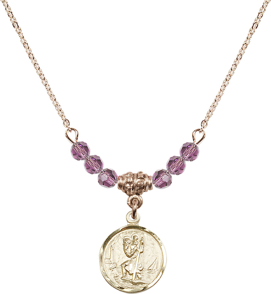 14kt Gold Filled Saint Christopher Birthstone Necklace with Light Amethyst Beads - 0601