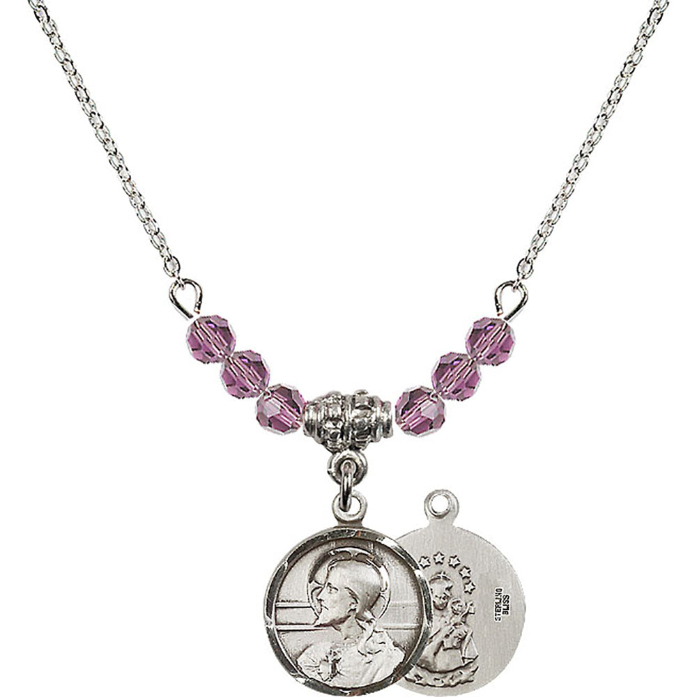 Sterling Silver Scapular Birthstone Necklace with Light Amethyst Beads - 0601