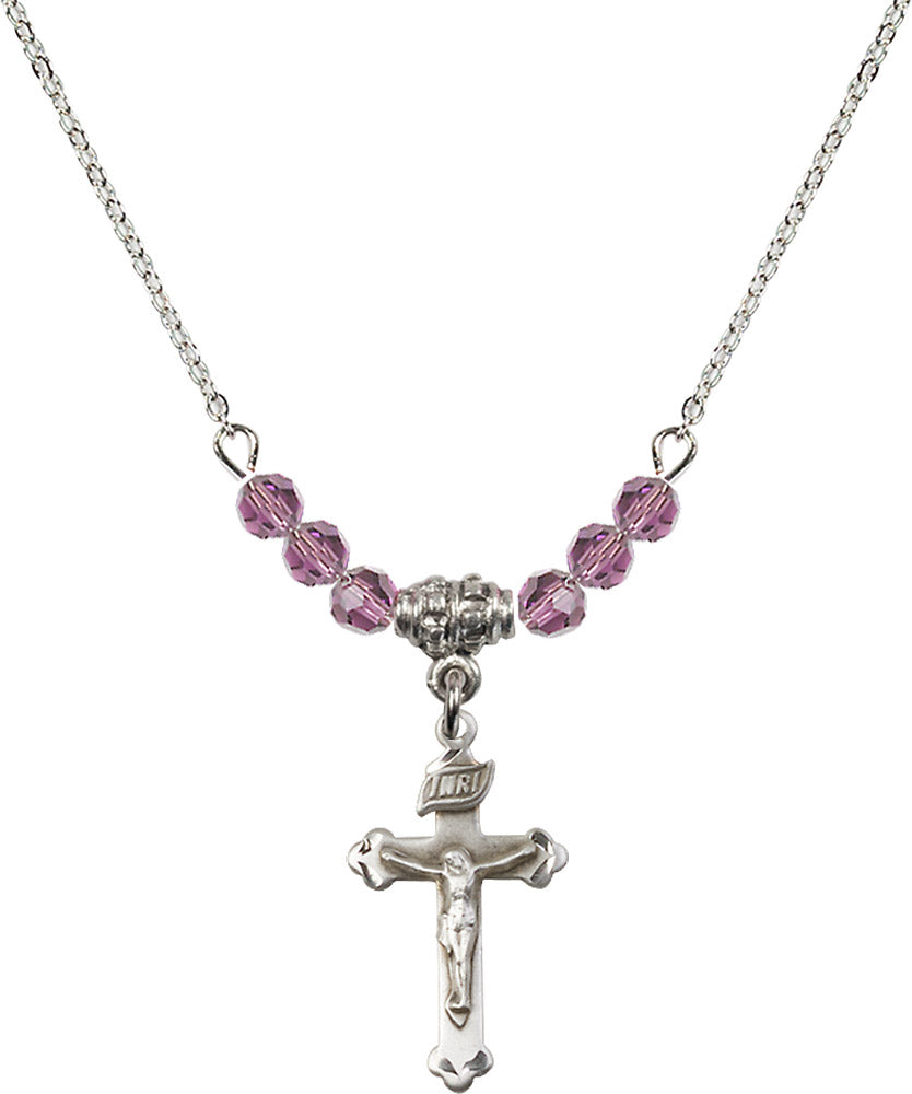 Sterling Silver Crucifix Birthstone Necklace with Light Amethyst Beads - 0669