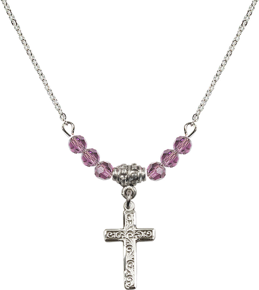 Sterling Silver Cross Birthstone Necklace with Light Amethyst Beads - 0672