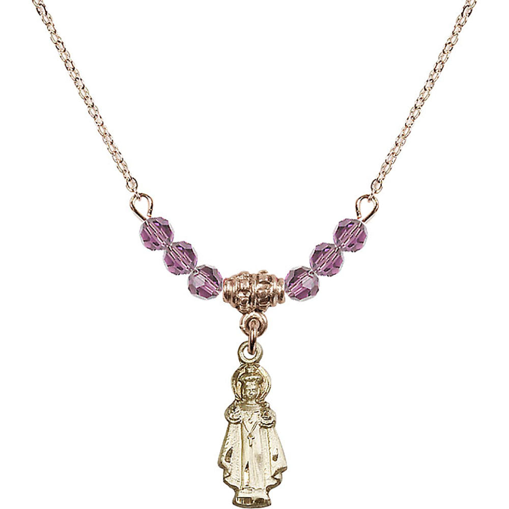 14kt Gold Filled Infant of Prague Birthstone Necklace with Light Amethyst Beads - 0823