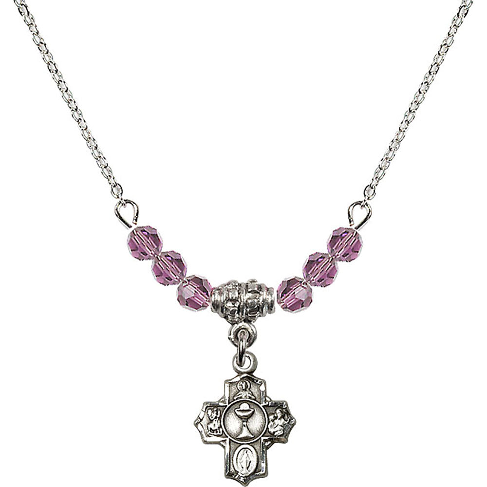 Sterling Silver Communion 5-Way Birthstone Necklace with Light Amethyst Beads - 0890
