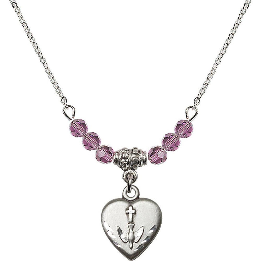 Sterling Silver Heart / Confirmation Birthstone Necklace with Light Amethyst Beads - 0891