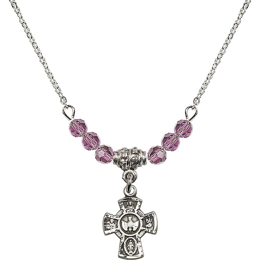 Sterling Silver 5-Way Birthstone Necklace with Light Amethyst Beads - 3145