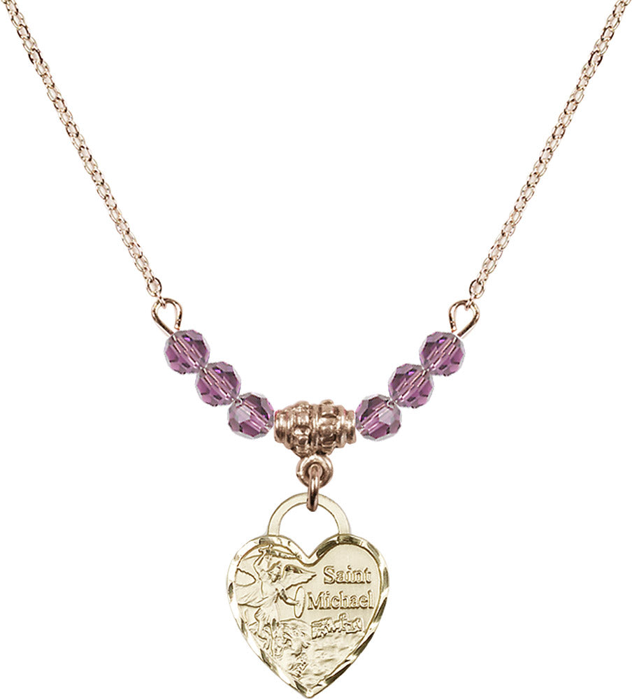 14kt Gold Filled Saint Michael Heart Birthstone Necklace with Light Amethyst Beads - 3403
