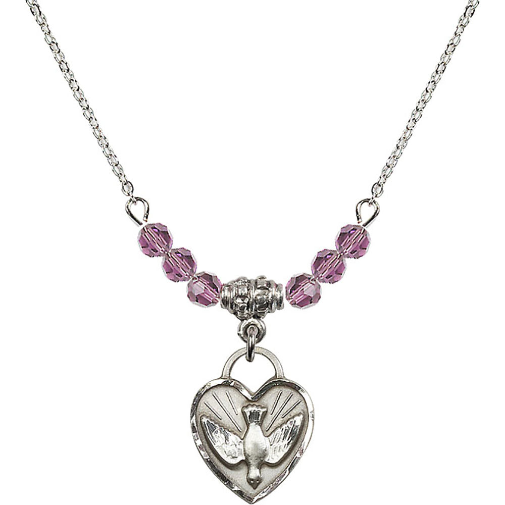 Sterling Silver Confirmation Heart Birthstone Necklace with Light Amethyst Beads - 3405