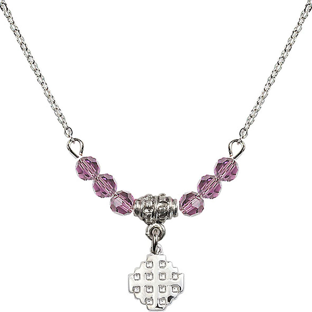 Sterling Silver Jerusalem Cross Birthstone Necklace with Light Amethyst Beads - 4118