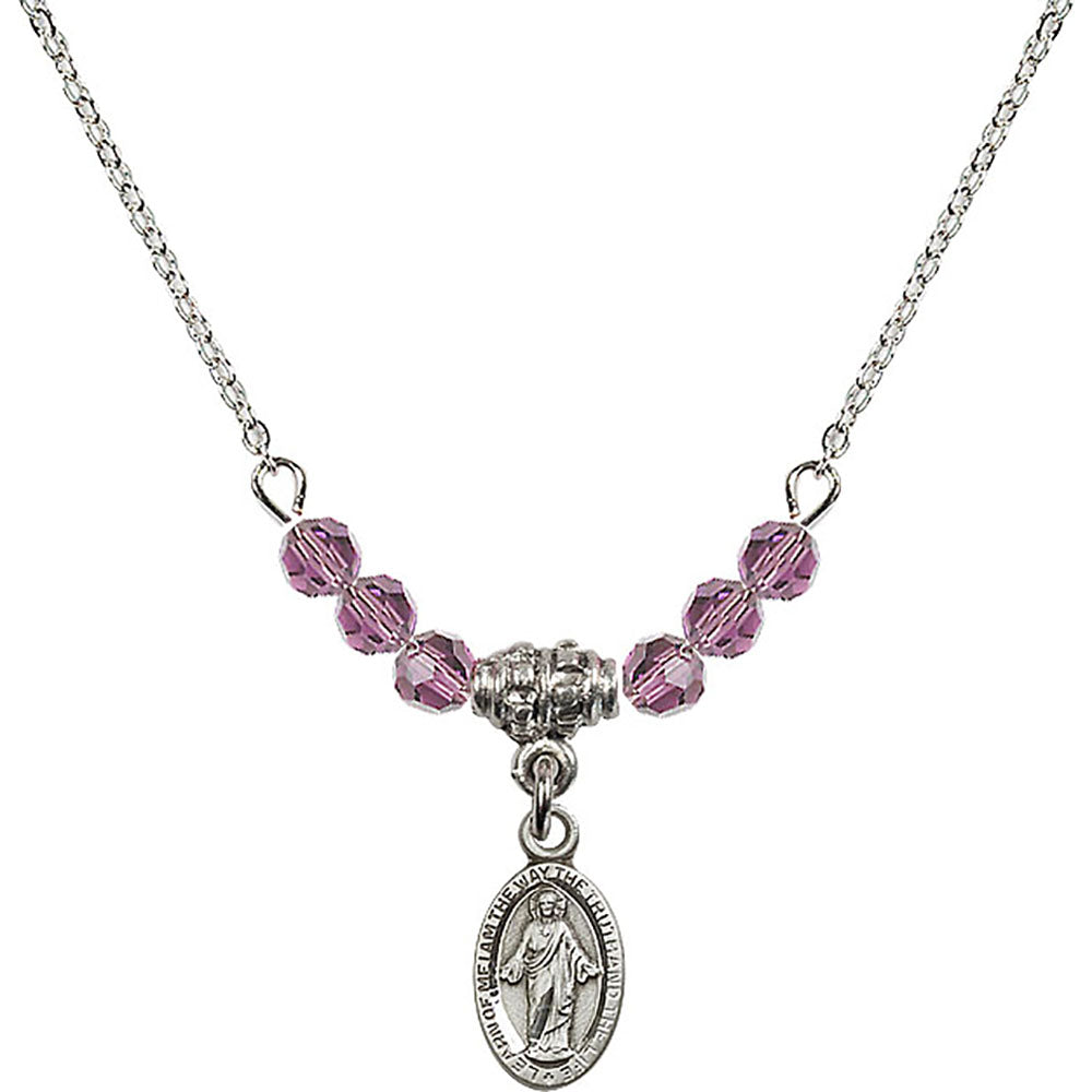 Sterling Silver Scapular Birthstone Necklace with Light Amethyst Beads - 4121