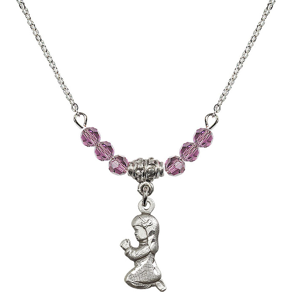 Sterling Silver Praying Girl Birthstone Necklace with Light Amethyst Beads - 4262