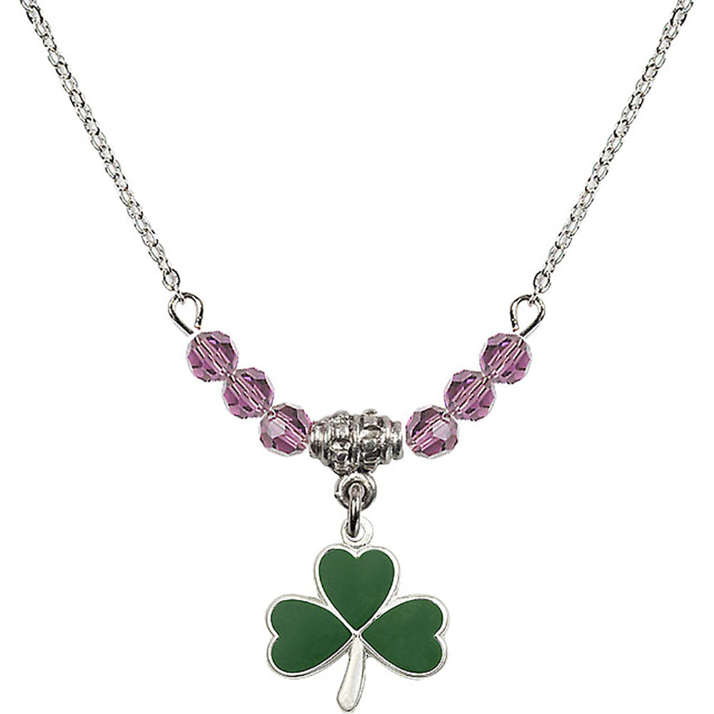 Sterling Silver Shamrock Birthstone Necklace with Light Amethyst Beads - 5243