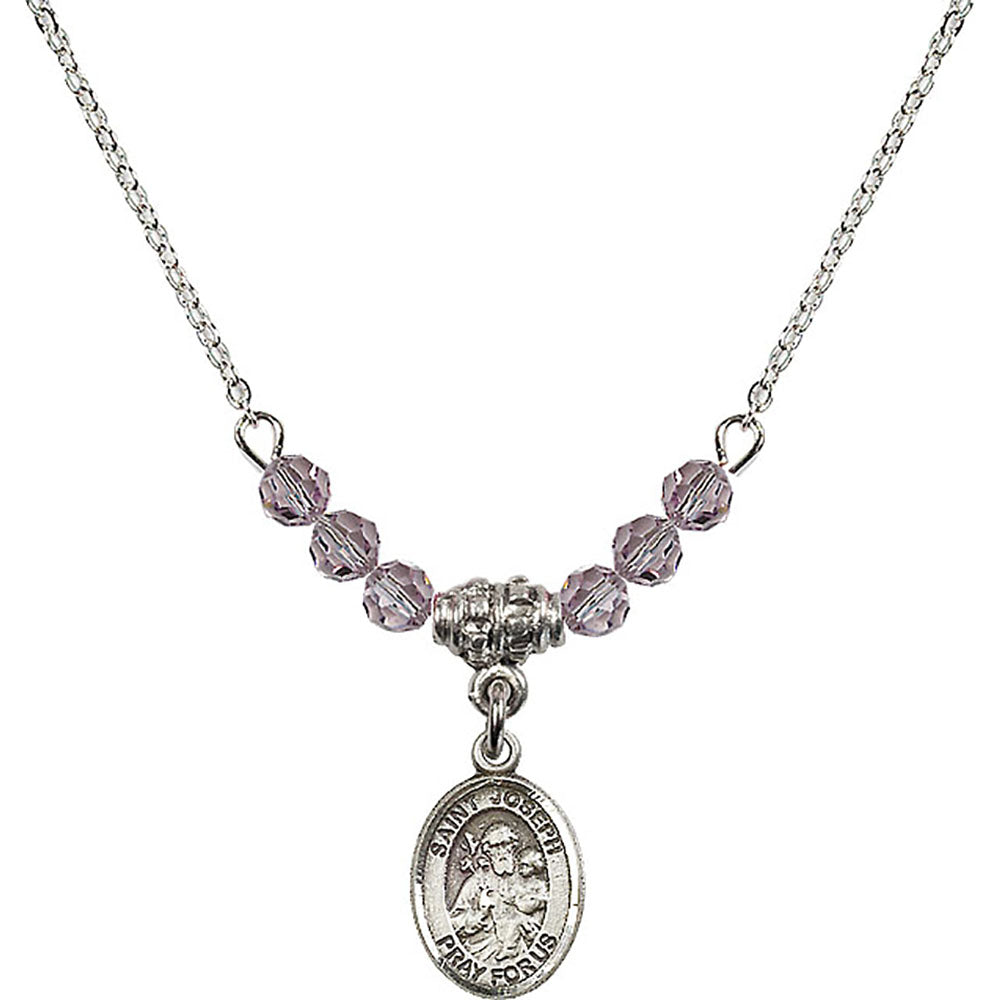 Sterling Silver Saint Joseph Birthstone Necklace with Light Amethyst Beads - 9058