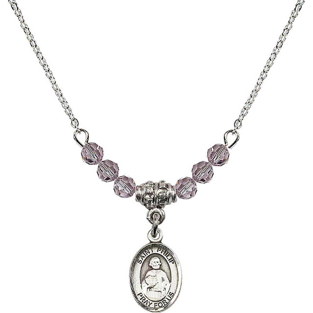 Sterling Silver Saint Philip the Apostle Birthstone Necklace with Light Amethyst Beads - 9083