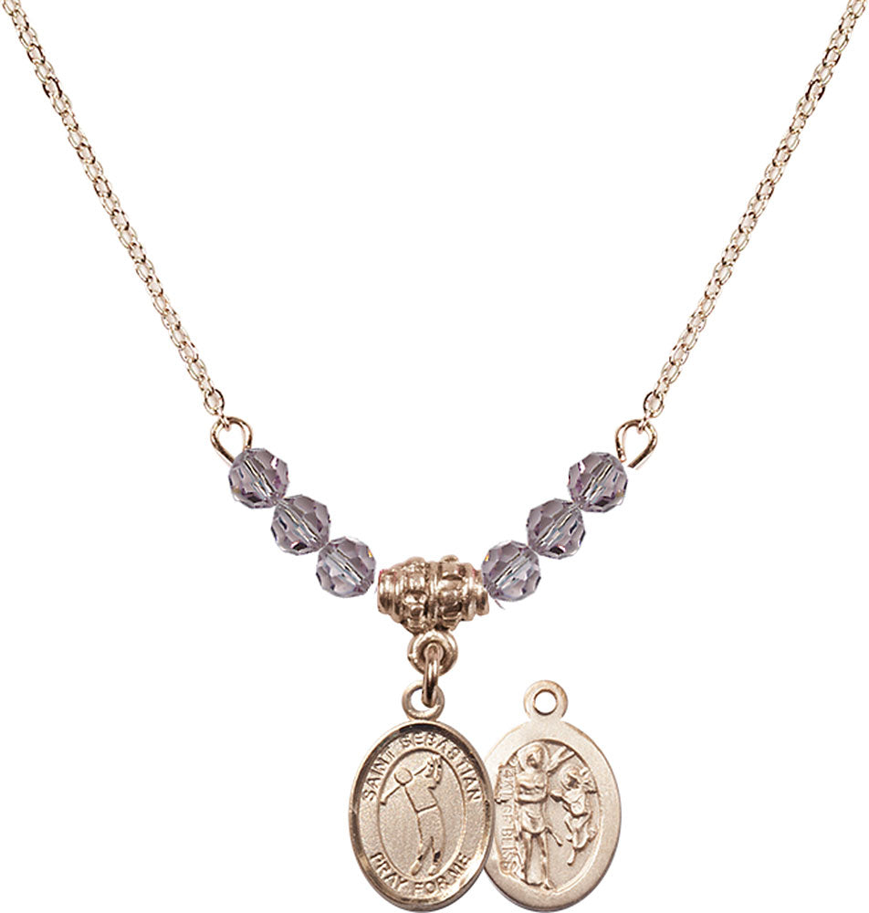 14kt Gold Filled Saint Sebastian/Golf Birthstone Necklace with Light Amethyst Beads - 9162