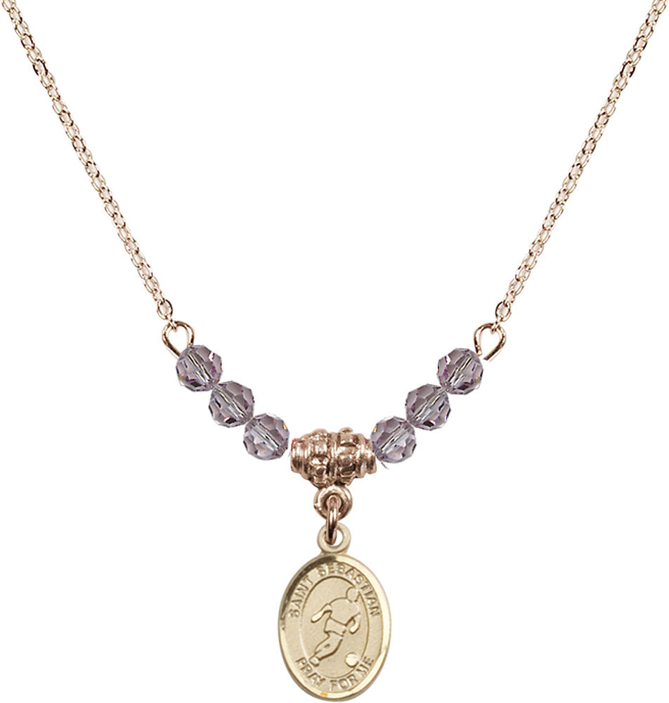 14kt Gold Filled Saint Sebastian/Soccer Birthstone Necklace with Light Amethyst Beads - 9164