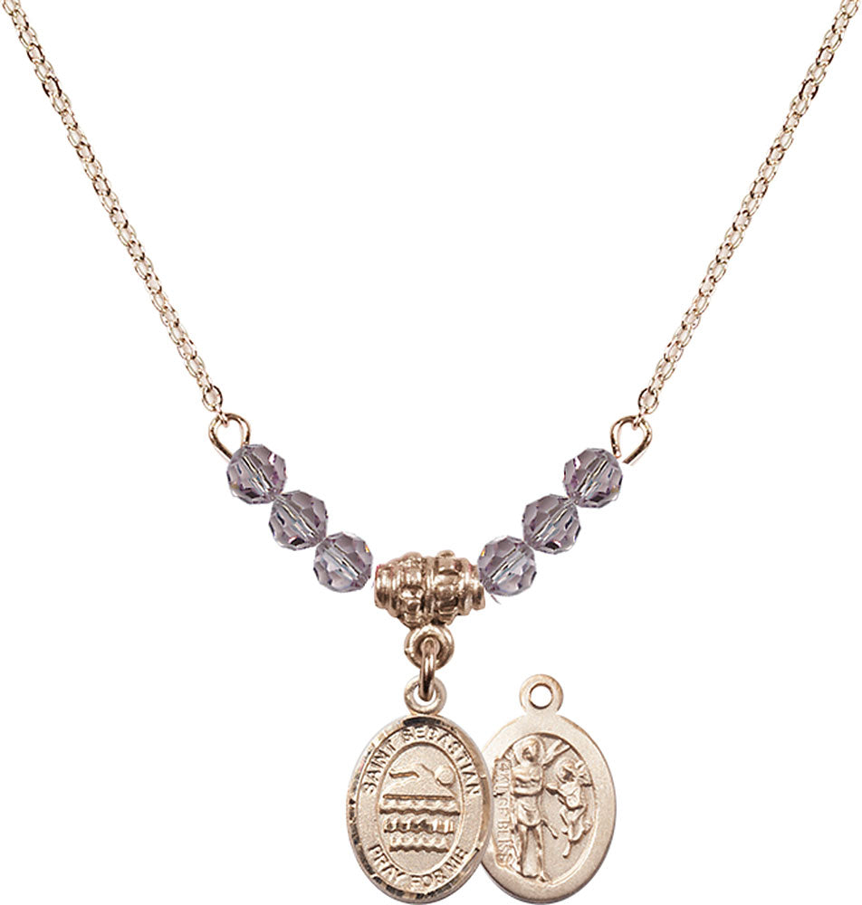 14kt Gold Filled Saint Sebastian/Swimming Birthstone Necklace with Light Amethyst Beads - 9167