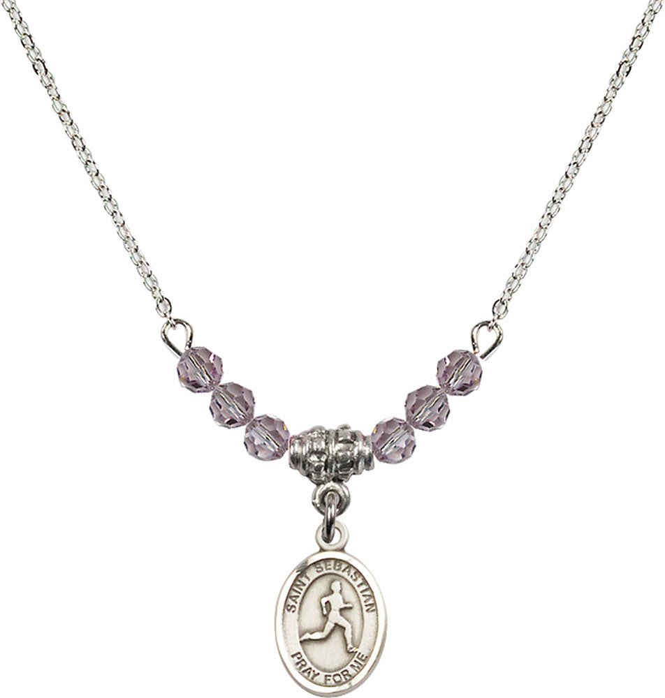 Sterling Silver Saint Sebastian/Track & Field Birthstone Necklace with Light Amethyst Beads - 9176