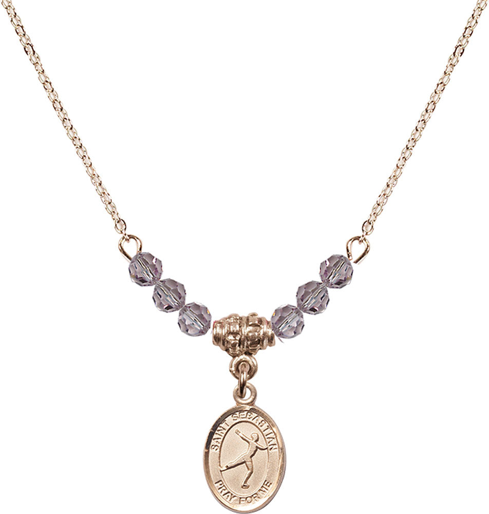 14kt Gold Filled Saint Sebastian/Figure Skating Birthstone Necklace with Light Amethyst Beads - 9177