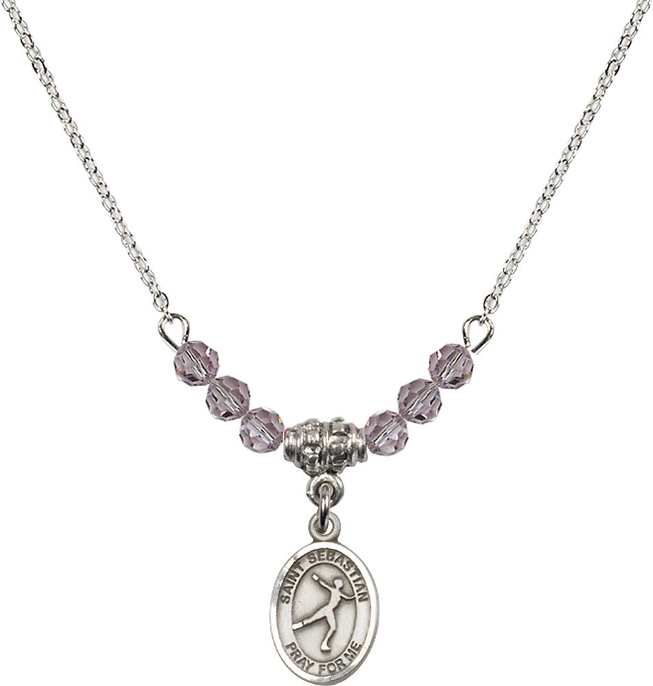 Sterling Silver Saint Sebastian/Figure Skating Birthstone Necklace with Light Amethyst Beads - 9177