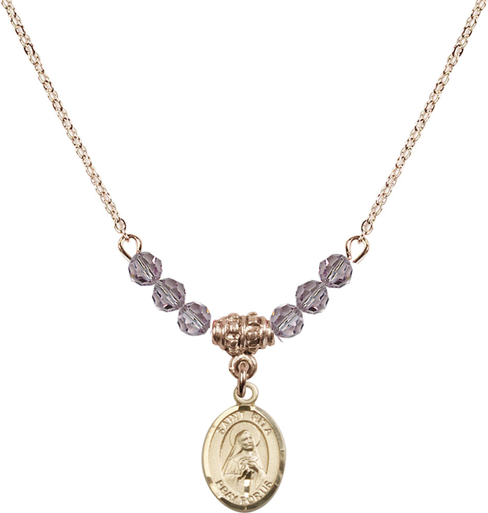 14kt Gold Filled Saint Rita / Baseball Birthstone Necklace with Light Amethyst Beads - 9181