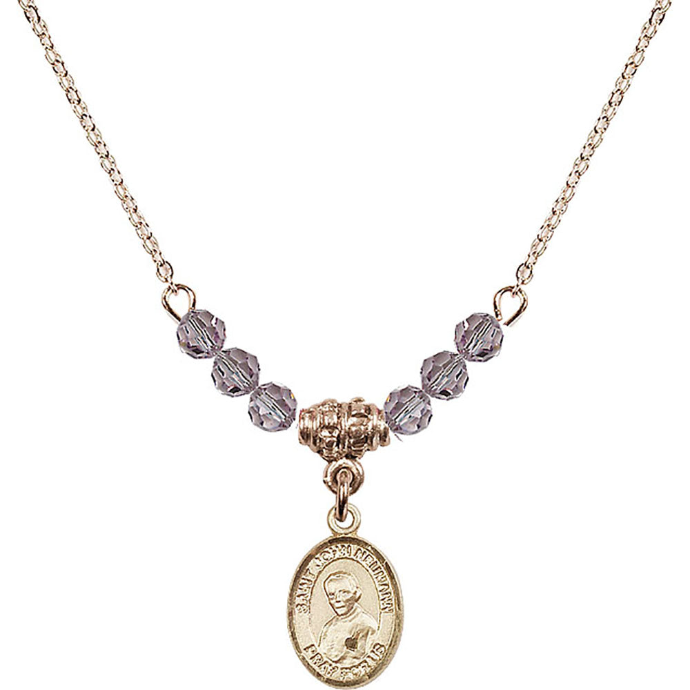 14kt Gold Filled Saint John Neumann Birthstone Necklace with Light Amethyst Beads - 9204