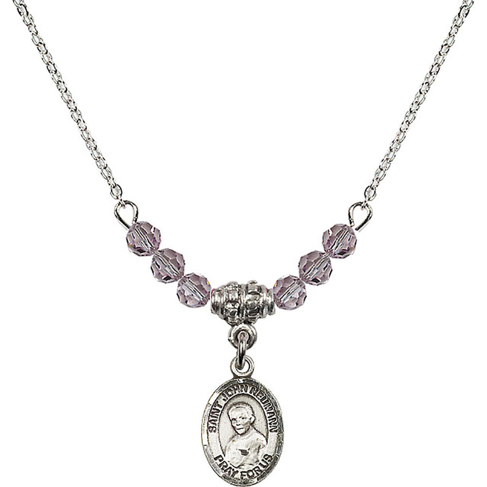 Sterling Silver Saint John Neumann Birthstone Necklace with Light Amethyst Beads - 9204