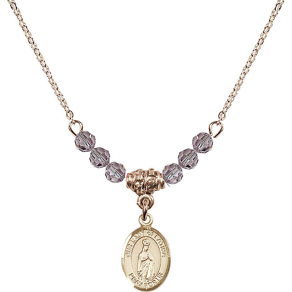14kt Gold Filled Our Lady of Fatima Birthstone Necklace with Light Amethyst Beads - 9205