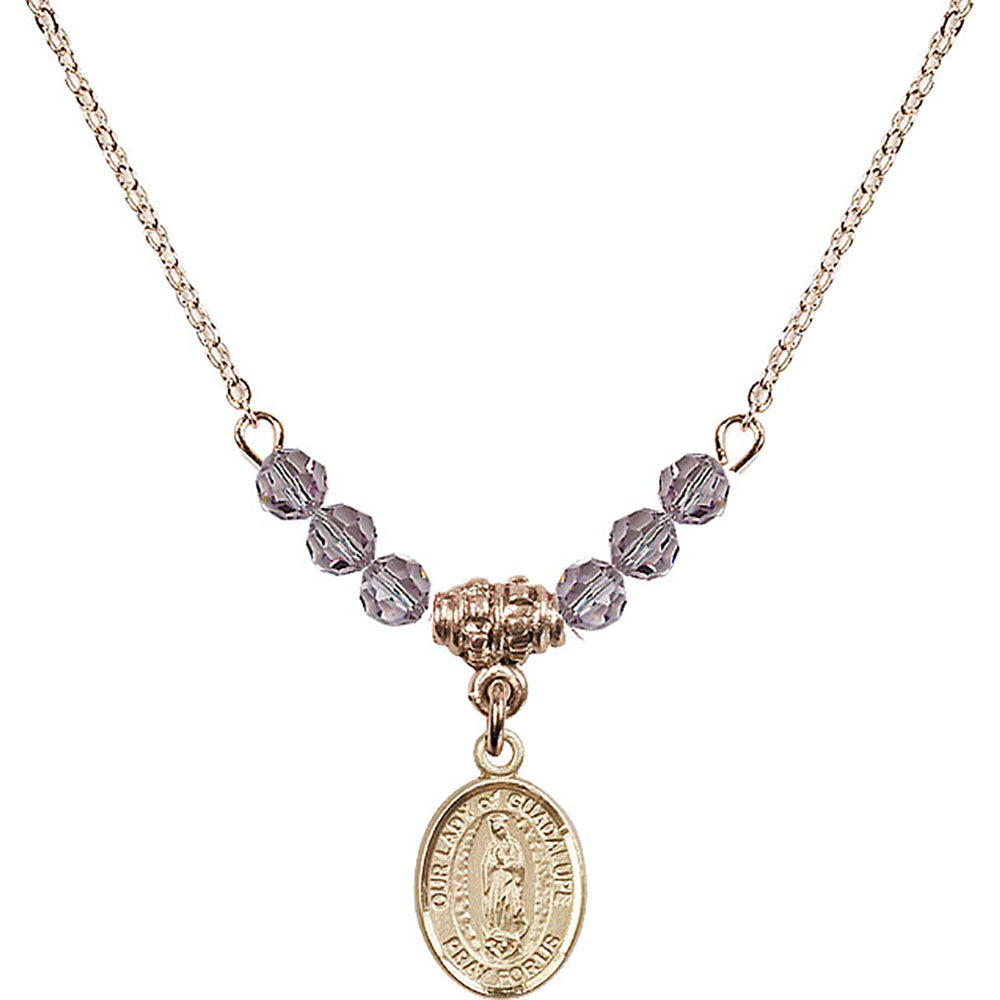 14kt Gold Filled Our Lady of Guadalupe Birthstone Necklace with Light Amethyst Beads - 9206