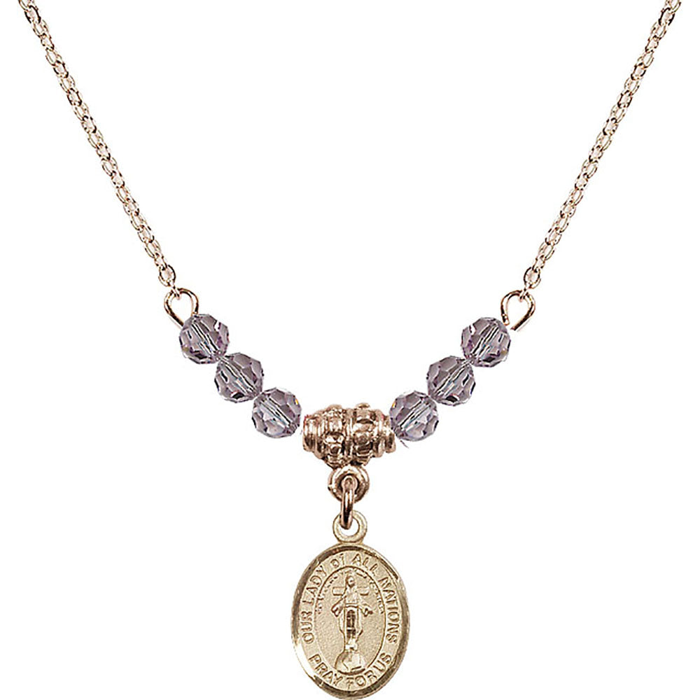 14kt Gold Filled Our Lady of All Nations Birthstone Necklace with Light Amethyst Beads - 9242