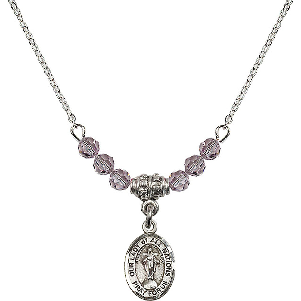 Sterling Silver Our Lady of All Nations Birthstone Necklace with Light Amethyst Beads - 9242