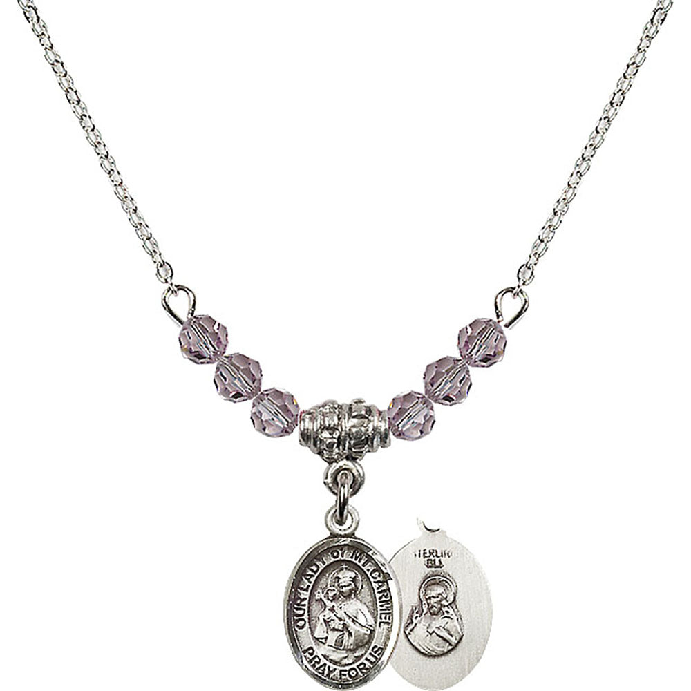 Sterling Silver Our Lady of Mount Carmel Birthstone Necklace with Light Amethyst Beads - 9243
