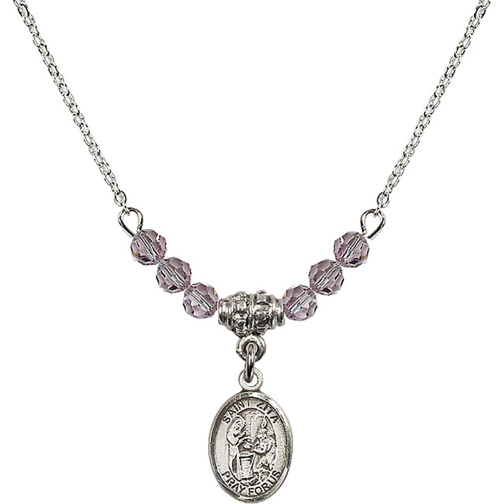 Sterling Silver Saint Zita Birthstone Necklace with Light Amethyst Beads - 9244
