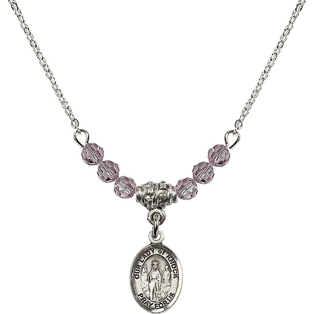 Sterling Silver Our Lady of Knock Birthstone Necklace with Light Amethyst Beads - 9246
