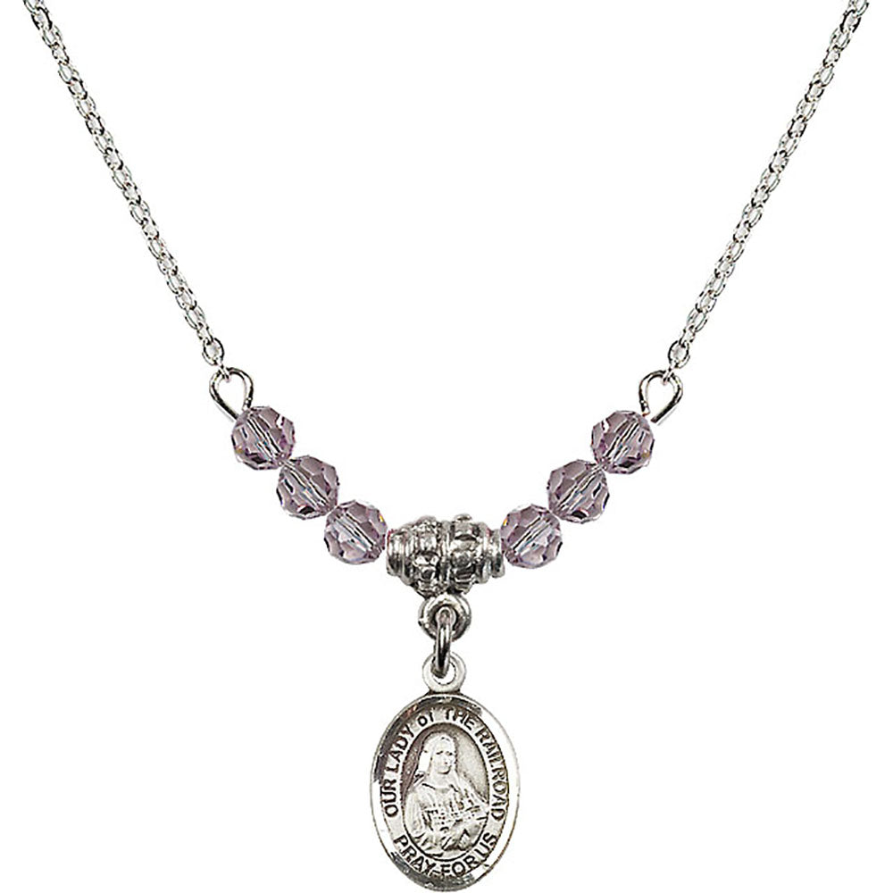 Sterling Silver Our Lady of the Railroad Birthstone Necklace with Light Amethyst Beads - 9247