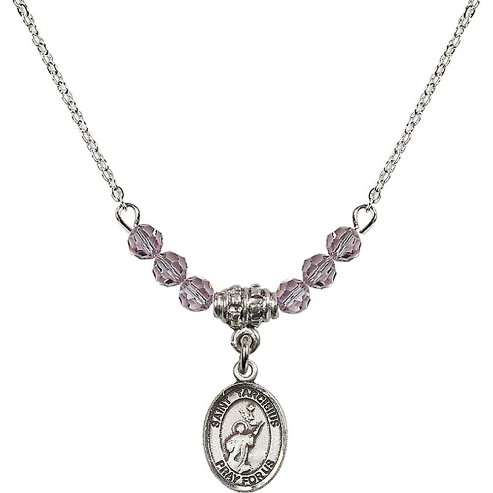 Sterling Silver Saint Tarcisius Birthstone Necklace with Light Amethyst Beads - 9261