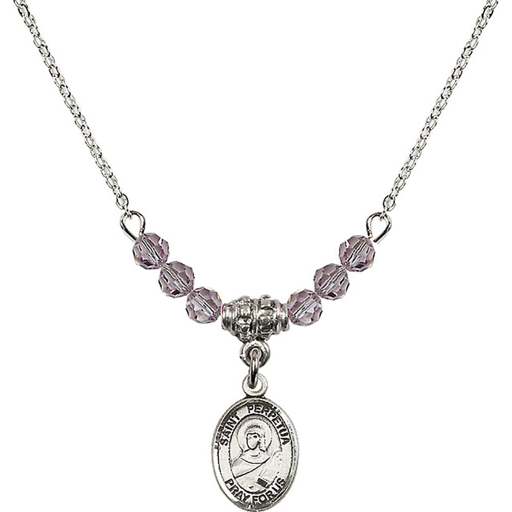 Sterling Silver Saint Perpetua Birthstone Necklace with Light Amethyst Beads - 9272