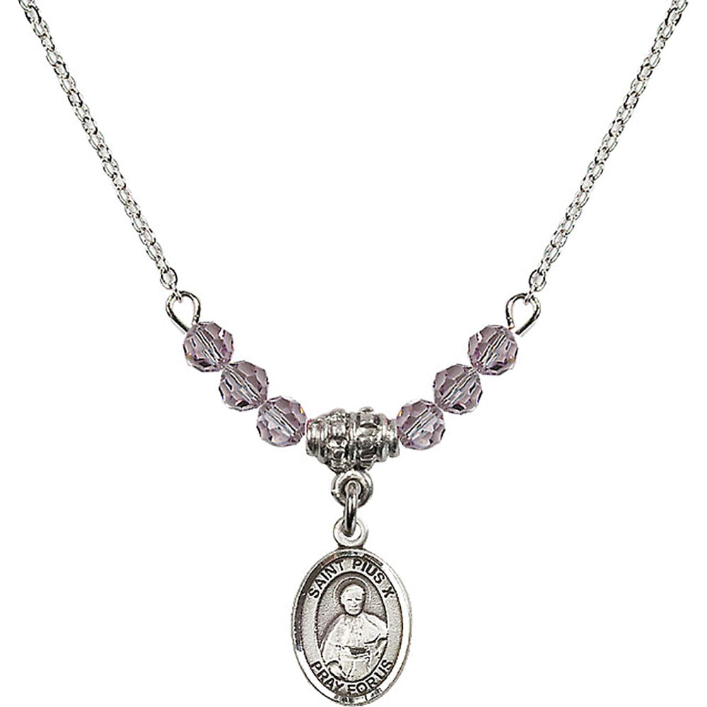 Sterling Silver Saint Pius X Birthstone Necklace with Light Amethyst Beads - 9305