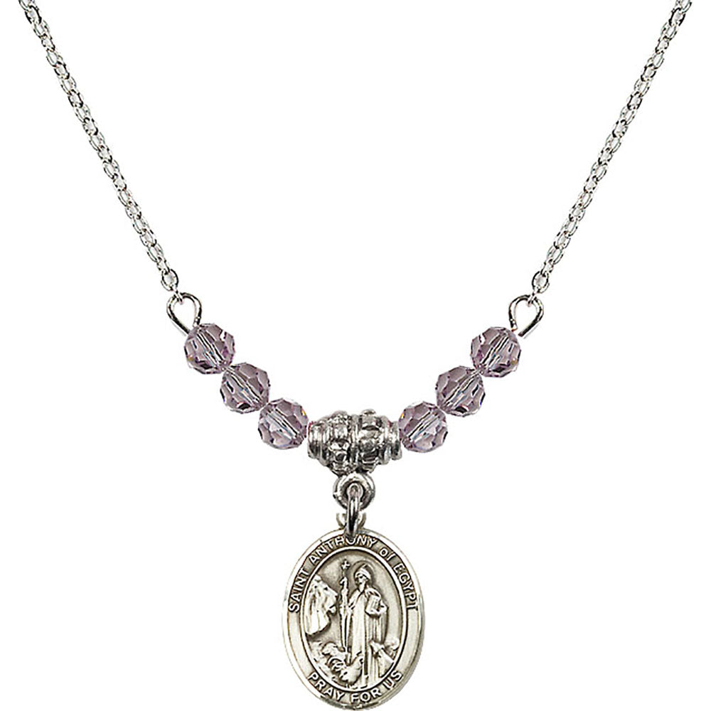 Sterling Silver Saint Anthony of Egypt Birthstone Necklace with Light Amethyst Beads - 9317