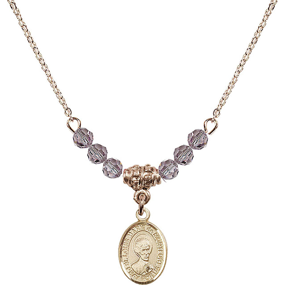 14kt Gold Filled Saint Louis Marie de Montfort Birthstone Necklace with Light Amethyst Beads - 9330