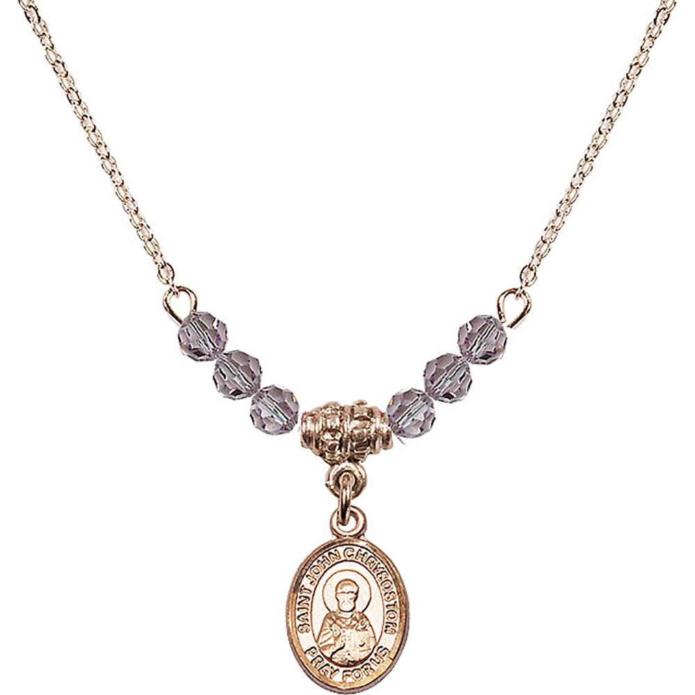 14kt Gold Filled Saint John Chrysostom Birthstone Necklace with Light Amethyst Beads - 9357