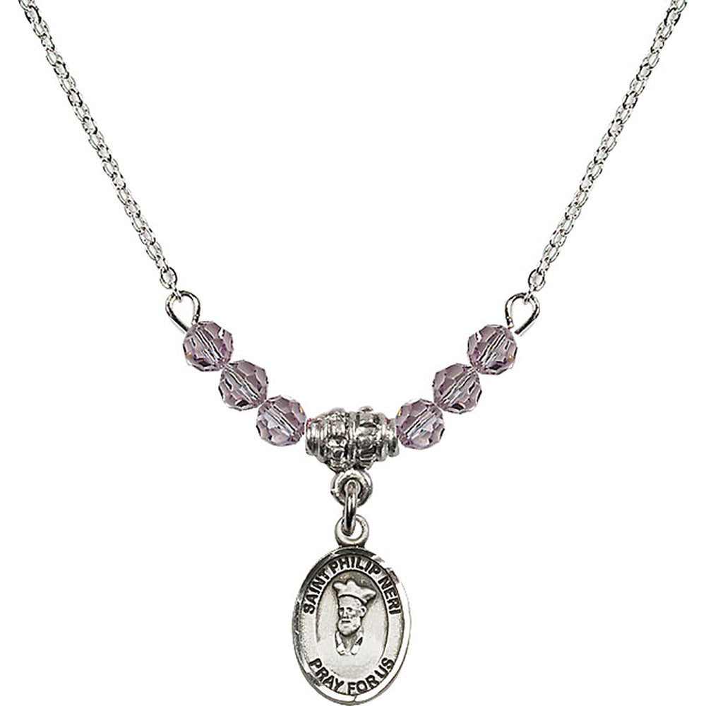 Sterling Silver Saint Philip Neri Birthstone Necklace with Light Amethyst Beads - 9369