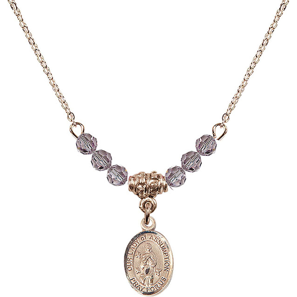 14kt Gold Filled Our Lady of Assumption Birthstone Necklace with Light Amethyst Beads - 9388